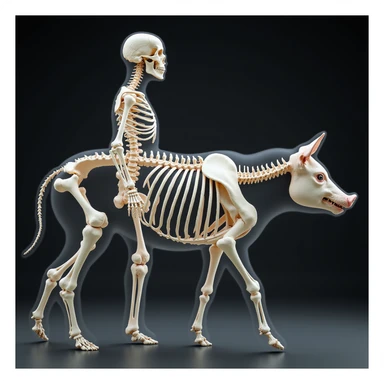 profile view of human and pig, transparent overlay of skeletons showing similarity of main bones, illustrative hyperrealistic 4K style sticker