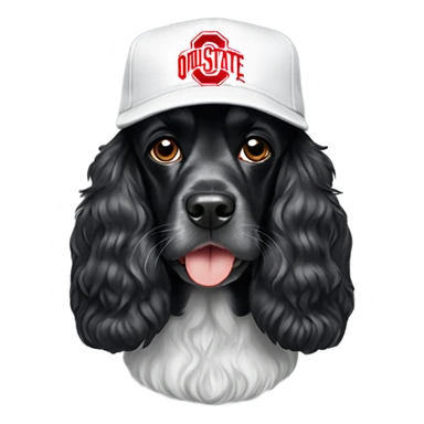 Black cocker spaniel wearing white Ohio State cap sticker