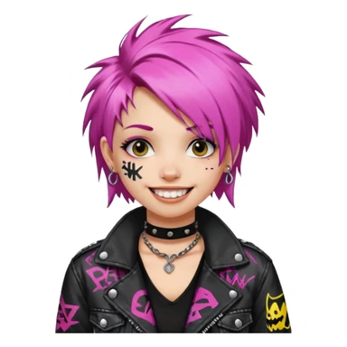 a punk girl with neck-length dyed hair and wear a punk graffiti jacket with black choker grin playfully  sticker