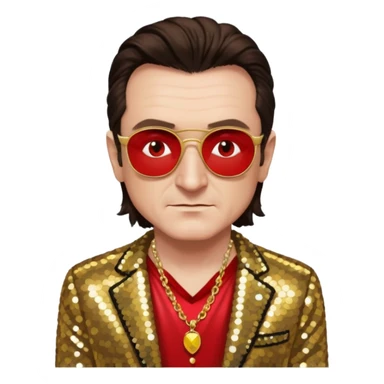 Bono with gold sequin jacket, red shirt with necklace, dark brown medium hair sticker