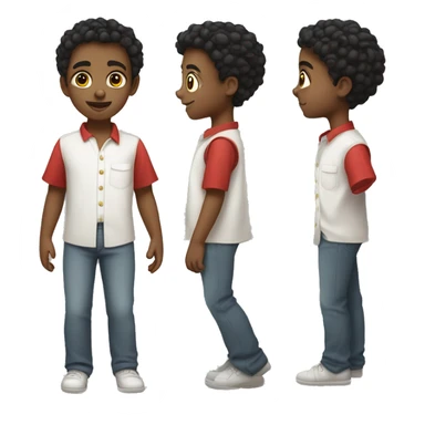 a young child with slightly curly black hair, red, round, but pointed eyes, and a white shirt and trousers sticker