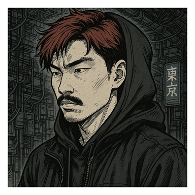 Asian man with black mustache, red hair, black hoodie, Japanese manga style inspired by Ghost in the Shell, cyberpunk atmosphere, detailed linework, monochrome with subtle color accents sticker