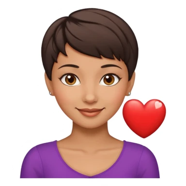 woman pixie cut dark brown hair, tan skin, brown almond eyes, heart shaped face sticker