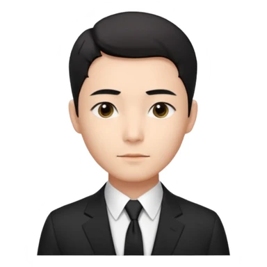 Korean male, clean studio portrait, short black hair with soft middle part,
natural skin tone, neat eyebrows, calm expression,
wearing a black suit, white shirt, black tie,
passport photo style, front facing, realistic, clean background sticker