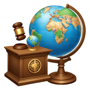 An icon featuring a globe with a gavel and a political map, symbolizing political science. The design includes a ballot box and a podium, representing democracy and governance. Transparent background highlights the study of political systems and global relations. sticker