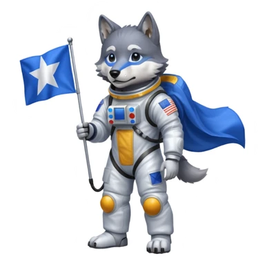 a wolf in space suit, holding blue rectangle flag, full body sticker