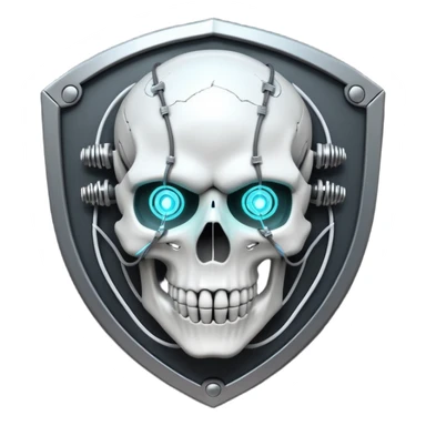 Cyberpunk shield, skull with cybernetic implants, glowing wires, dark white and white tones, no background sticker