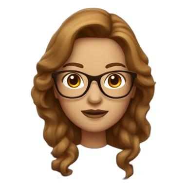 A classic Apple Memoji of a woman with long brown hair, brown eyes and golden frame glasses sticker