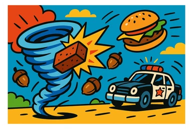 wind swirl with a brick smashing into it, a flying burger, and a police car in the background dodging acorns, colorful and dynamic style sticker