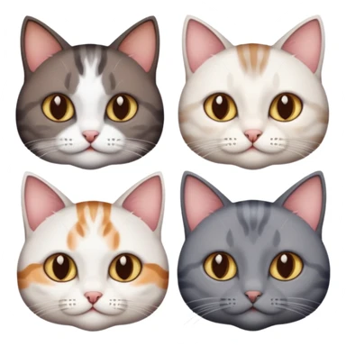 4 different coloured short haired cats including; a dark brown tabby and white cat, and a dark grey and white  sticker