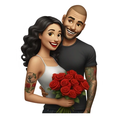 Hyper Realistic beautiful woman smells bouquet of bright red roses laughing with handsome tattooed man  sticker