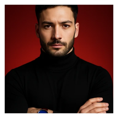 Create an ultra-realistic, high-detail, 4K editorial portrait of the person in the reference image. Emphasize sharp features, flawless fair skin, sleek black hair, and a black turtleneck. The person has arms crossed and wears a wristwatch with a blue dial and brown strap. The background is a bold red gradient with dramatic cinematic lighting. The composition is symmetrical and minimal. This is variation 6. sticker