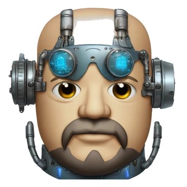 Bearded Fat bald cyborg head with tan skin, blue steampunk goggles and circuits sticker