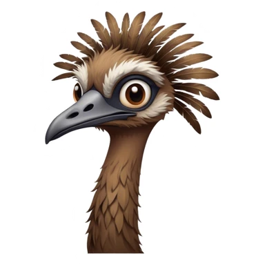 Cinematic Noble Emu Portrait Emoji, Poised and regal, with a tall, slender build and a shaggy, well-groomed fur of earthy brown feathers, a long elegant neck and deep-set soulful eyes, Simplified yet sharp and sophisticated features, highly detailed, glowing with a soft, dignified glow, high shine, intelligent and stately, stylized with an air of outback majesty, focused and attentive, soft glowing outline, capturing the essence of a watchful and confident bird, so majestic it feels as though it could stride out of the screen with effortless authority! sticker