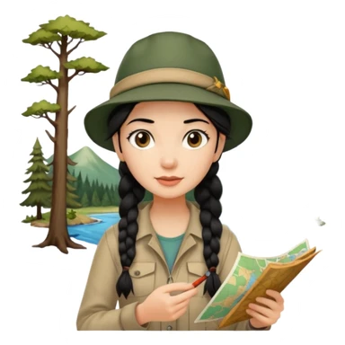 A braid black hair backpacking woman checking her map with curious eyes while walking in the woods with camping hat sticker