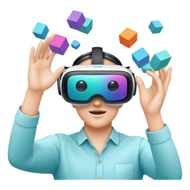humanless emoji for the creation of VR/AR technology. Show a designer's hands holding a VR headset or AR glasses, with floating 3D models or virtual objects being manipulated in the air. Use modern, tech-inspired colors. Do not include any emojis or smiley faces. Make the background transparent. sticker
