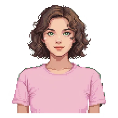 young brunette woman with short wavy hair to shoulders, wearing a pink t-shirt sticker
