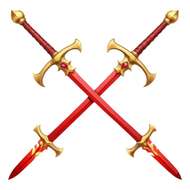 Two crossed swords that are golden in blade and handle and have fiery and royal appearence to them as well as red gem stones sticker