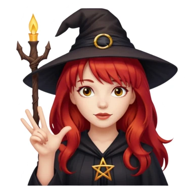 a witchy girl with long red hair and bangs holding a lucky sign sticker
