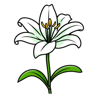 Pure white lily flower with accurate six-petal structure, visible stamens, and green foliage sticker