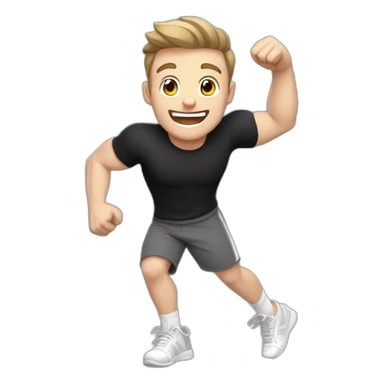 Joyful Celebrating victory Pale skinned Fit Man With the biceps and dark brown hair in black shirt, gray sports shorts and white Sneakers sticker