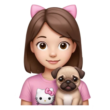 Happy Young Girl with pink hello kitty shirt brown hair and brown eyes and brown pug sticker