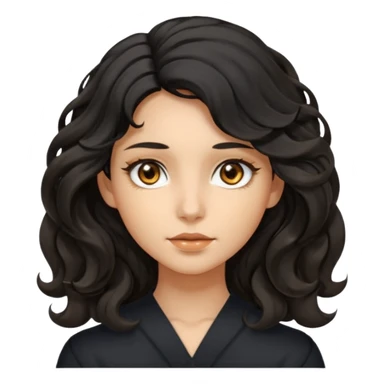 this avatar of girl has shoulder-length black wavy hair with loose curls framing the face, and a long, pointed face with golden-brown eyes and a calm, neutral expression. sticker