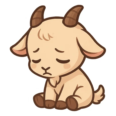 chibi goat, sad, sitting down, head lowered, simple background sticker