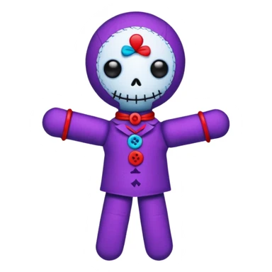 A colorful voodoo doll with bright fabrics in purple, red, and blue, with decorative buttons and pins sticking out sticker