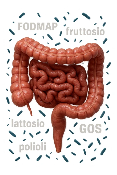 intestino umano anatomico con parole TIPO "FODMAP, fruttosio, lattosio, GOS, Polioli" in italiano CHE GLI FLUTTUANO INTORNO INSIEME A BATTERI INTESTINALI, iperrealistica 4k sticker