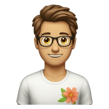 brown hair up guy wearing glasses and t-shirt with flower print sticker