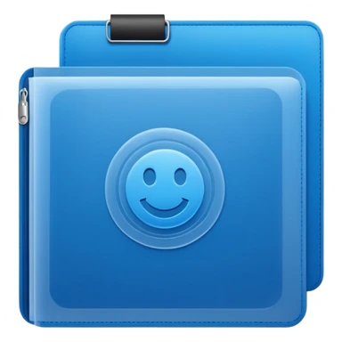 A translucent blue plastic folder with rounded corners, elastic string and button closure, soft matte finish, and a passport/travel symbol.  sticker