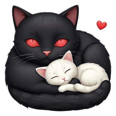 Big black cat is sleeping with a small white cat with hearts above sticker