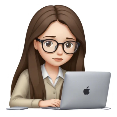 pale brunette girl in glasses with long hair works on computer looking down sticker