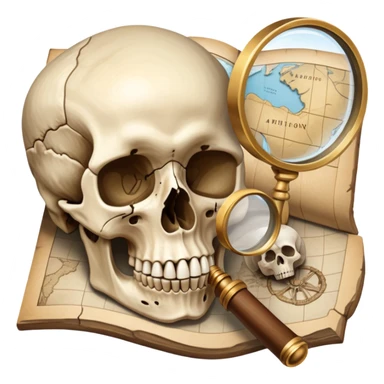 An icon featuring a human skull and fossils, representing anthropology. The design includes a magnifying glass and a map of ancient human migration paths, symbolizing the study of human evolution and cultures. Transparent background highlights the scientific exploration of humanity’s past. sticker