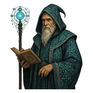 master in artificial intelligence, alchemist wizard style, wearing a robe with technological symbols, wise expression, elements of alchemy mixed with circuits, transparent background sticker