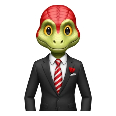 A reptilian humanoid dressing a suit, striped red and white tie, human emoji style, his face is seriously and sarcastic sticker