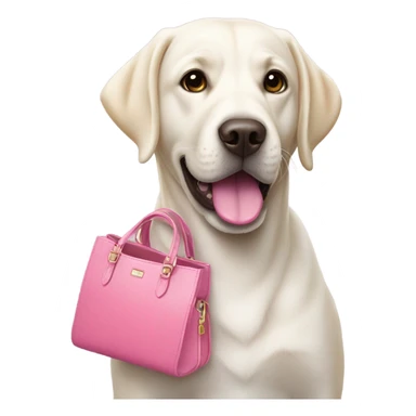 White Labrador holding the handle of a white and pink purse in her mouth  sticker