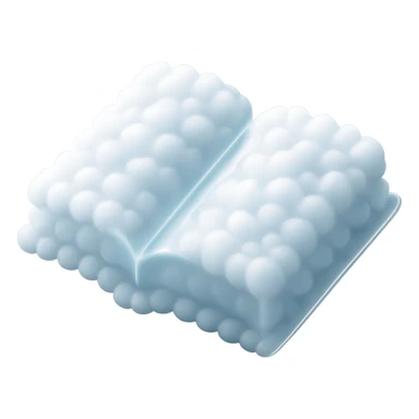top view of a thick open book made entirely of small, very bright white fluffy convex clouds, matte glass style sticker