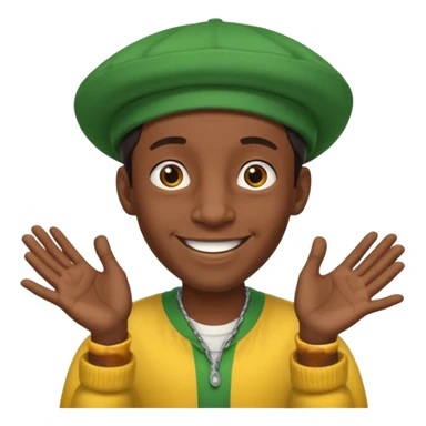 Lanky black guy with hunchback with hands out and Jamaican hat sticker