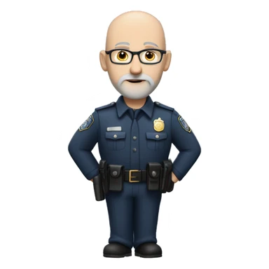Bald Caucasian man with light gray beard in police uniform with a glasses and left ar piercing sticker