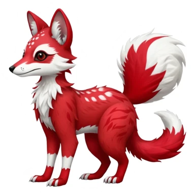 Feral Rare Fantasy   bright cherry-red fur with clean snow-white chest and muzzle Vernid-Sergal-Genet-Trico-species by LiLaiRa, random markings, tufted tail, tufted ears, full body sticker