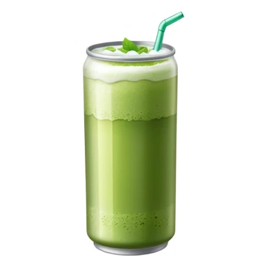 Create an emoji-style illustration of a tall, transparent can-shaped drink filled with iced matcha. The top is sealed with a silver metal pull-tab lid. The drink has a green matcha layer on top that gradually fades into a milky white layer at the bottom. The can is sleek and minimalist. sticker