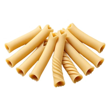 4 pieces of uncooked pasta (penne, fusilli, farfalle), arranged cleanly, smooth matte surface, golden beige, dry and slightly curved, 3D-rendered, minimal, no faces sticker