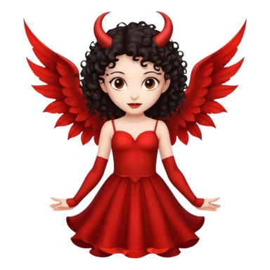 Pretty Long dark curly hair, slanty brown eyes, devil fairy with big wings and isolated dress sticker