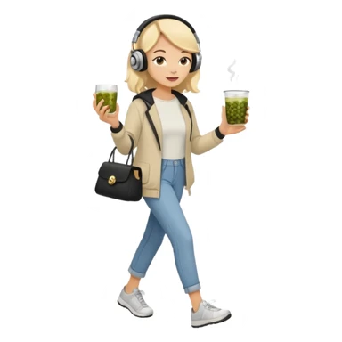 a young woman full length walks with headphones on with a caviar toast in one hand and herbal tea in the other hand sticker