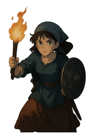 a warrior maiden with a sword and shield, common tavern clothing, eye gleam, defense stance, repose, amid darkness of midnight, holding only a torch sticker