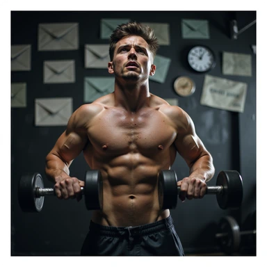 realistic, dramatic lighting; man in gym, not very muscular, lifting weights, face shows high anxiety and stress, sweat, background with visible thought symbols (emails, clocks, arguments, money), expressive posture, focus on psychological pressure sticker