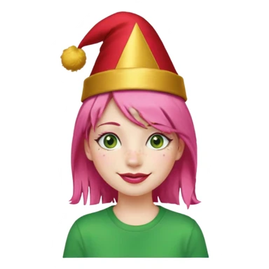 Create a girl with pink hair and green eyes with long eyelashes and a smiley face. She has freckles in her face and a lit of bit of lipstick on her mouth, she’s also got gold birthday hat on her head with gold pom poms on top of it, and her T-shirt is red sticker