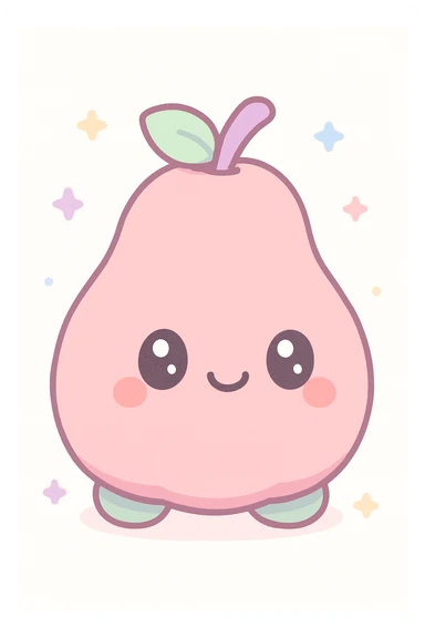 adorable guava-shaped stuffed animal, fuzzy texture, smiling expression, kawaii style sticker